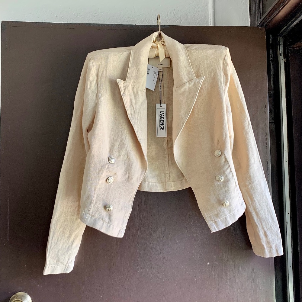 NWT L'Agence Dolly Cropped Double-Breasted Linen Blazer
